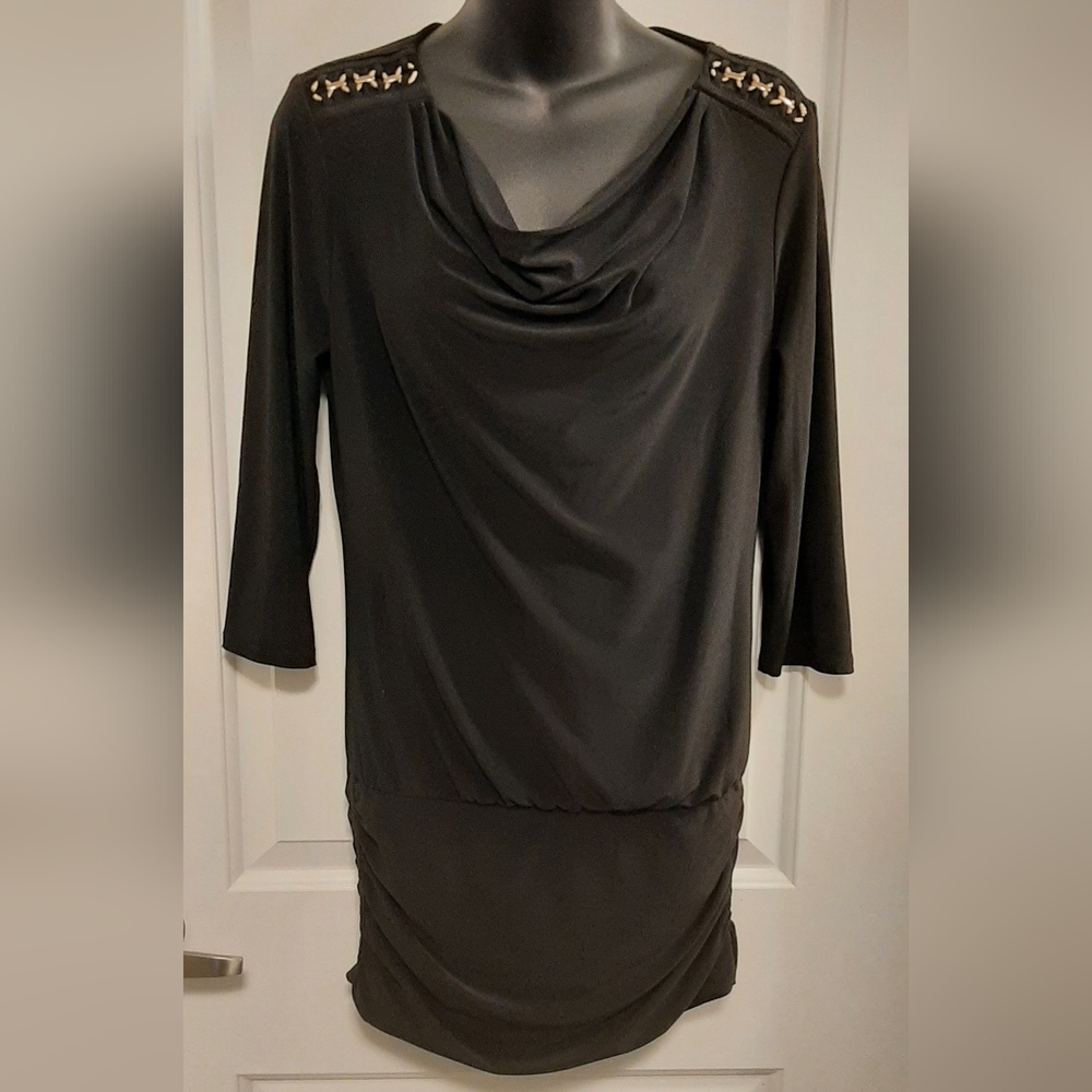 White House Black Market Black Long Sleeve Dress Accented Shoulder Size Small